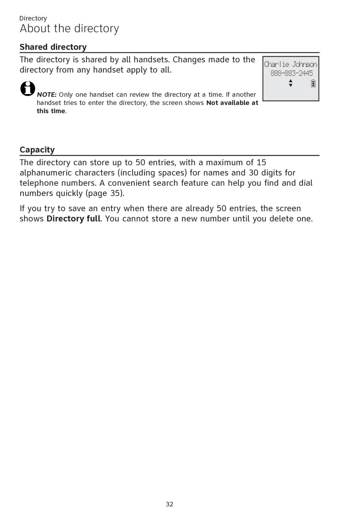 AT&T ATTCL82201, ATTCL82401, ATTCL82301 user manual About the directory, Shared directory, Capacity 