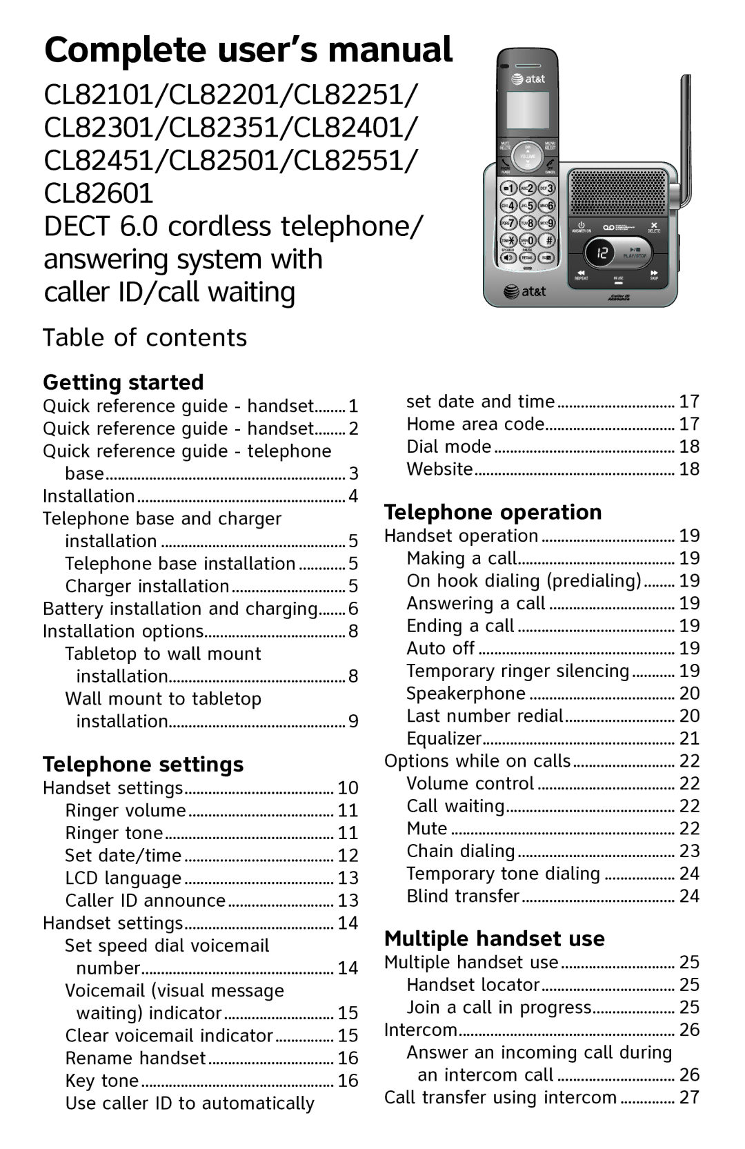 AT&T ATTCL82301, ATTCL82401, ATTCL82201 user manual Table of contents 