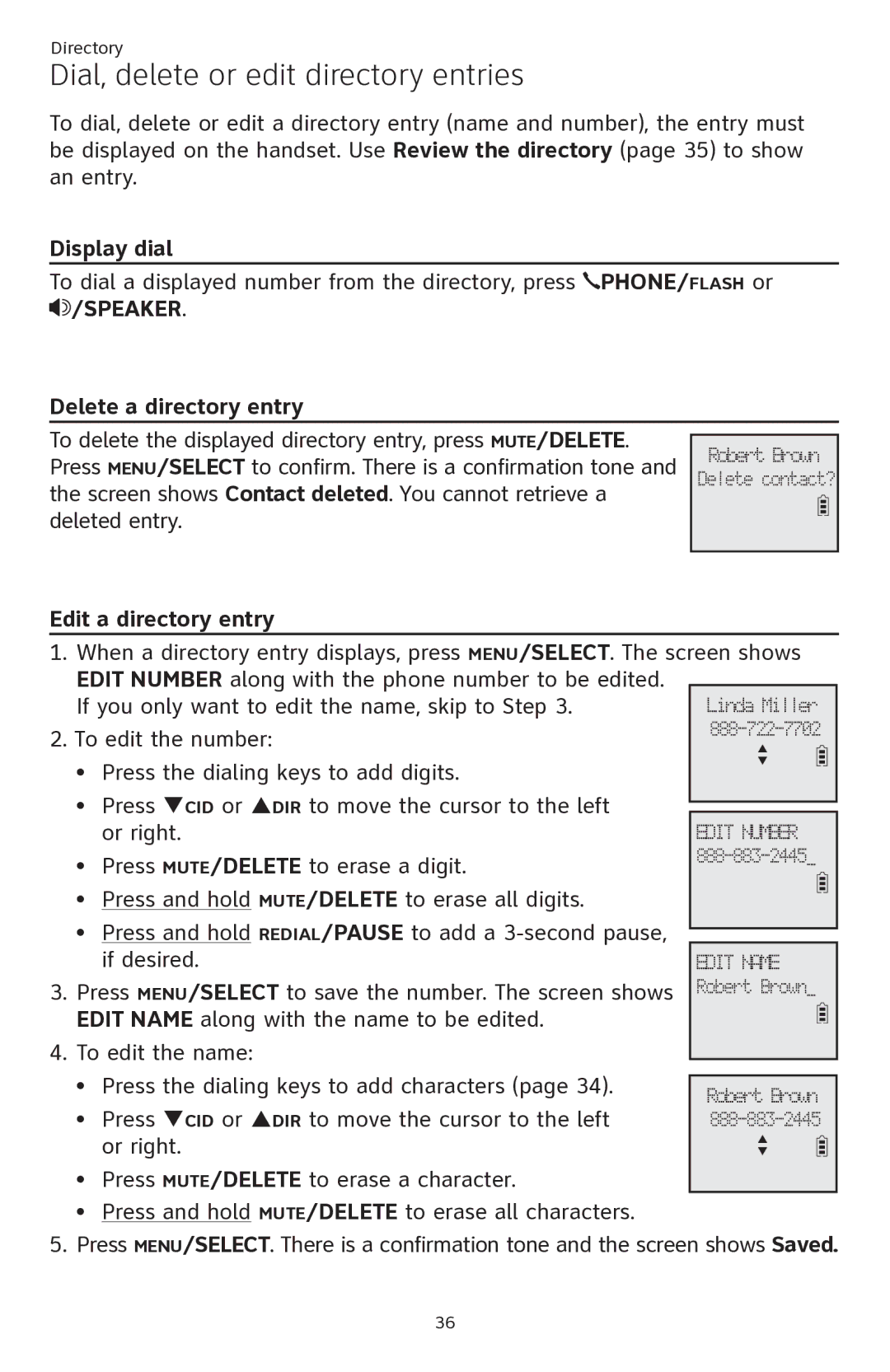 AT&T ATTCL82401 Dial, delete or edit directory entries, Display dial, Delete a directory entry, Edit a directory entry 