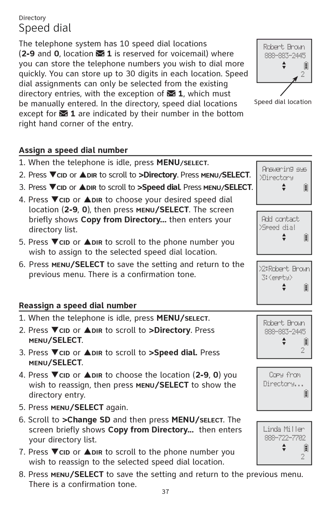 AT&T ATTCL82301, ATTCL82401, ATTCL82201 user manual Speed dial, Assign a speed dial number, Reassign a speed dial number 