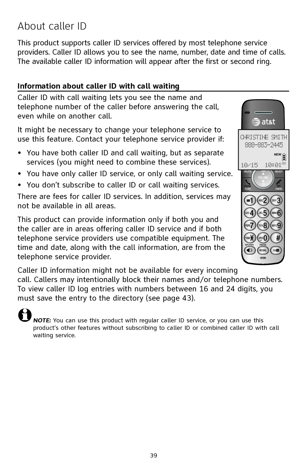 AT&T ATTCL82401, ATTCL82301, ATTCL82201 user manual About caller ID, Information about caller ID with call waiting 