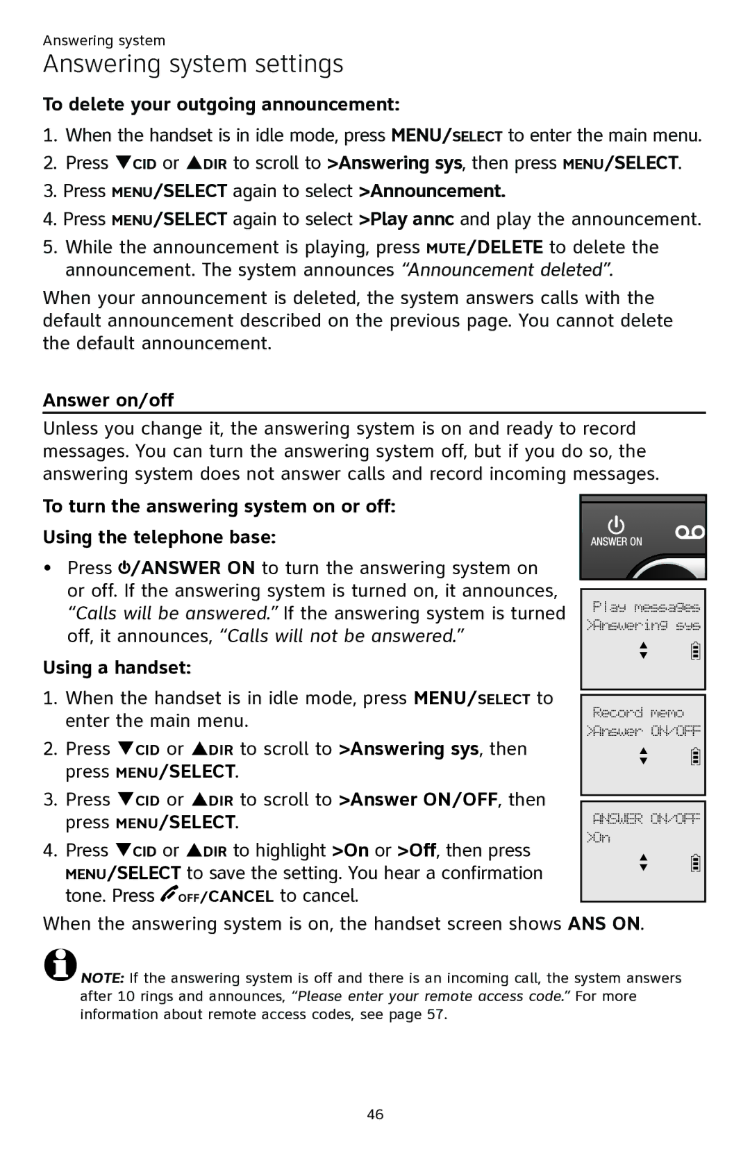 AT&T ATTCL82301, ATTCL82401, ATTCL82201 user manual To delete your outgoing announcement, Answer on/off, Using a handset 