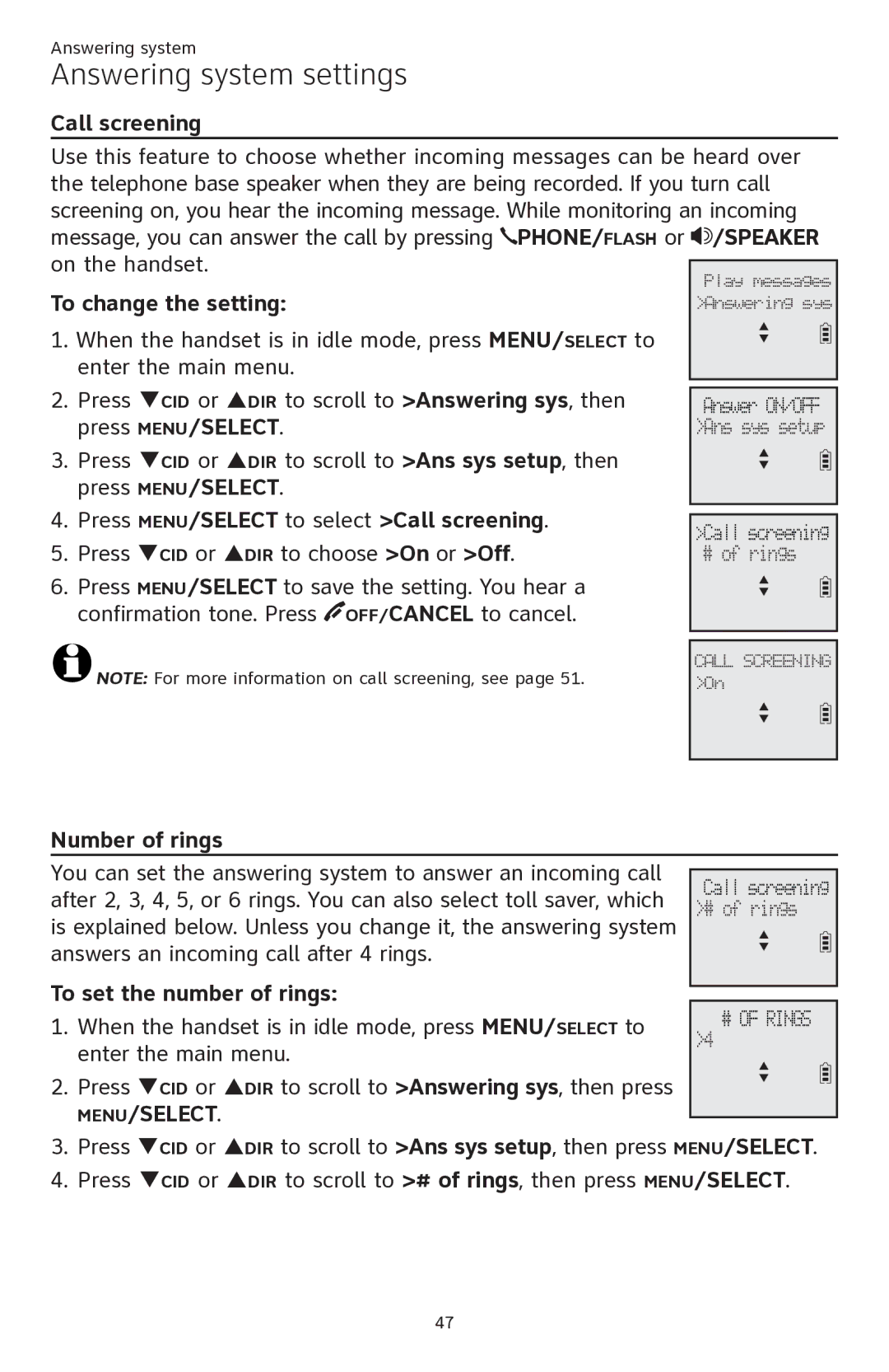 AT&T ATTCL82201, ATTCL82401 To change the setting, Press MENU/SELECT to select Call screening, Number of rings 