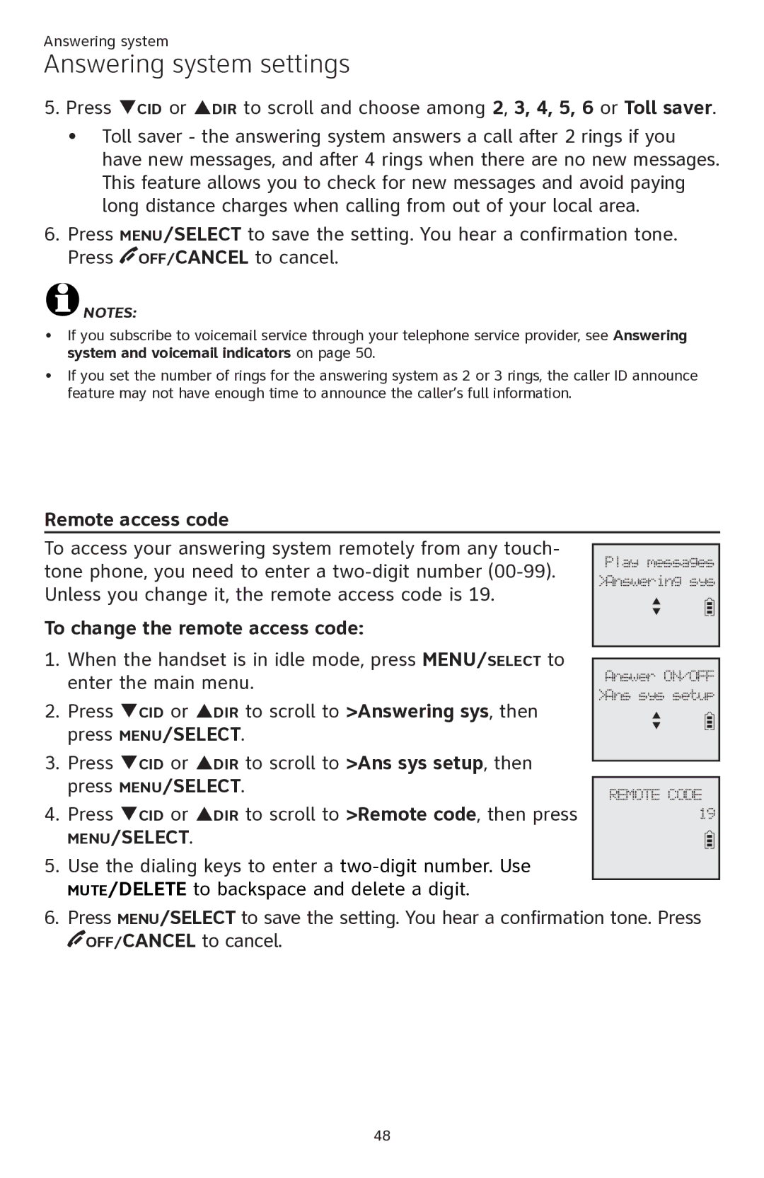 AT&T ATTCL82401, ATTCL82301, ATTCL82201 user manual Remote access code, To change the remote access code 