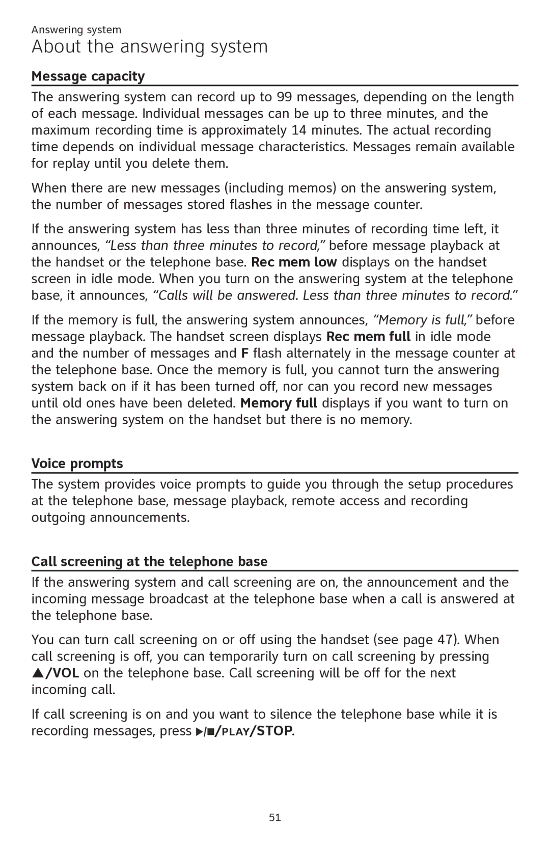 AT&T ATTCL82401, ATTCL82301, ATTCL82201 user manual Message capacity, Voice prompts, Call screening at the telephone base 