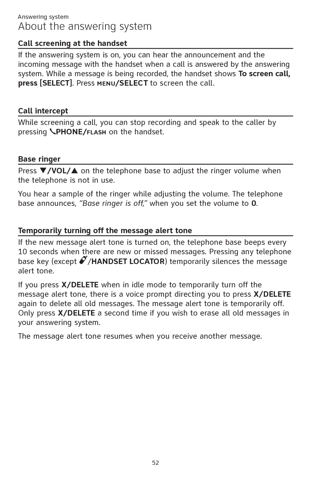 AT&T ATTCL82301 Call screening at the handset, Call intercept, Base ringer, Temporarily turning off the message alert tone 