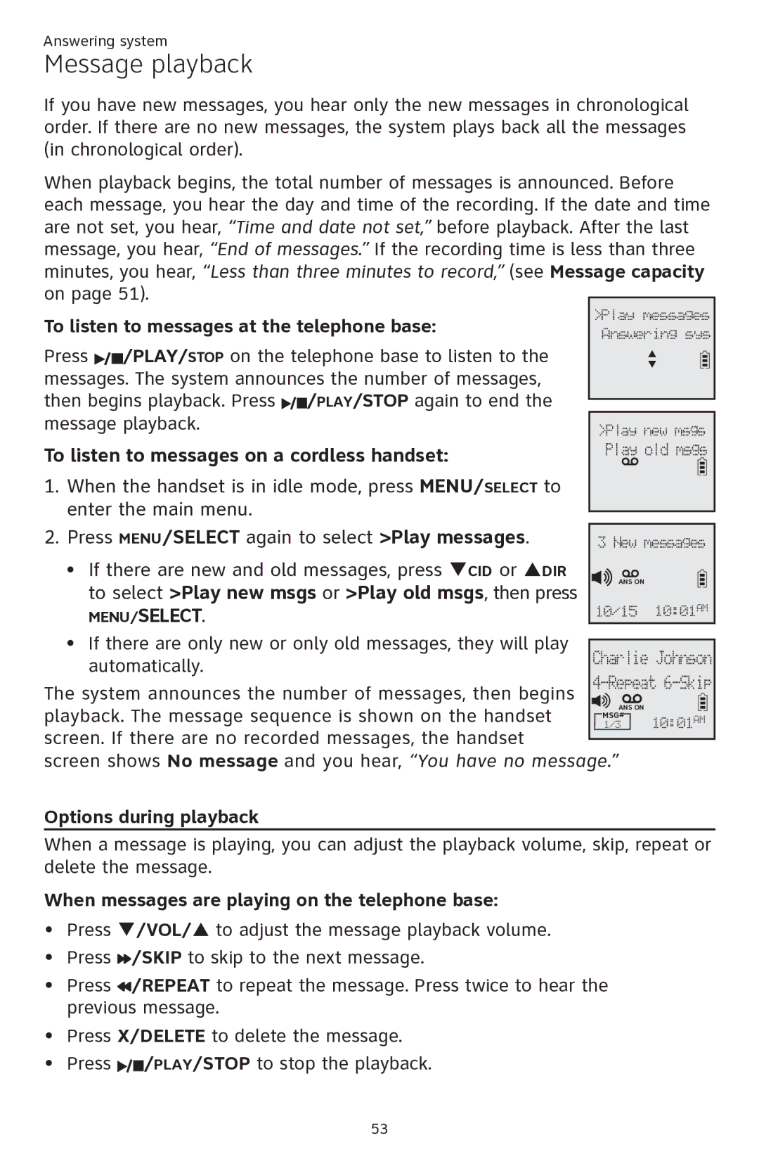 AT&T ATTCL82201 Message playback, To listen to messages at the telephone base, To listen to messages on a cordless handset 