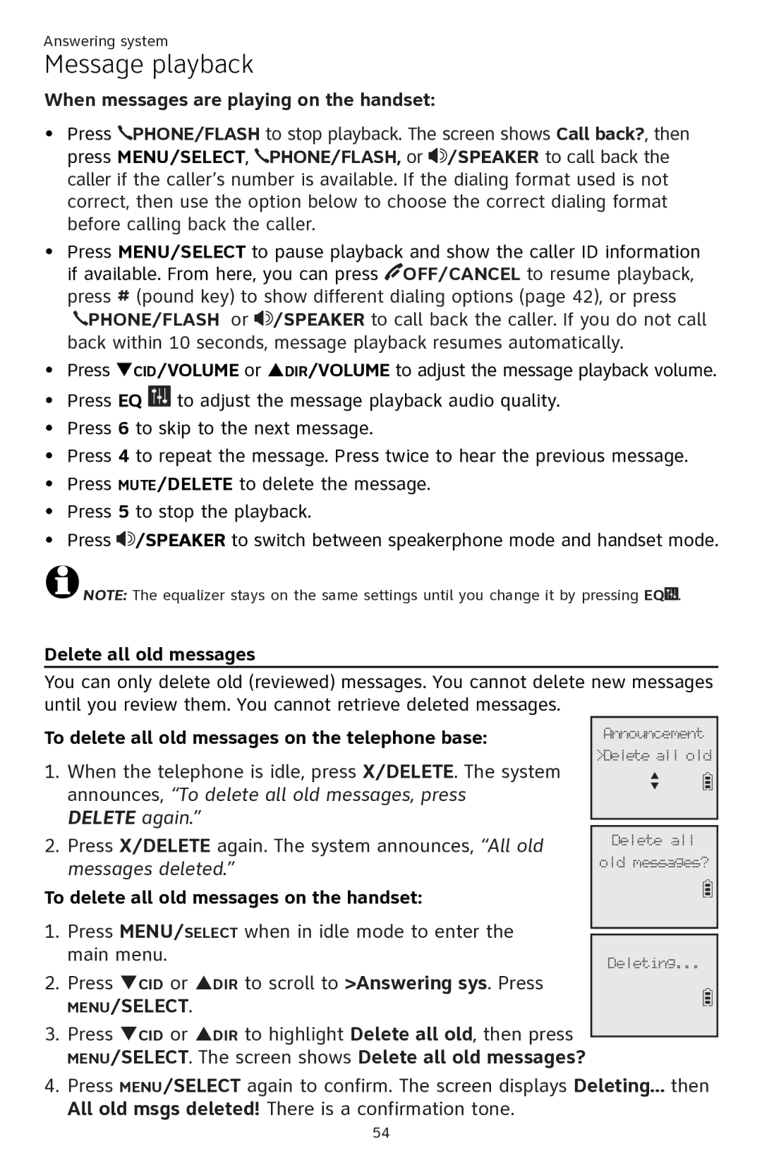 AT&T ATTCL82401, ATTCL82301, ATTCL82201 user manual When messages are playing on the handset, Delete all old messages 