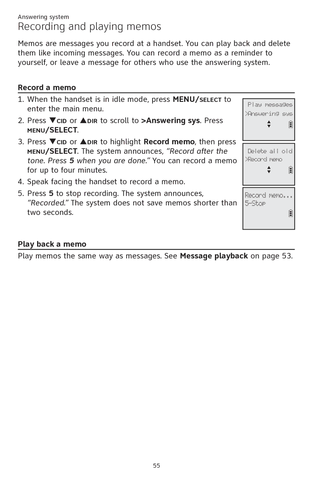 AT&T ATTCL82301, ATTCL82401, ATTCL82201 user manual Recording and playing memos, Record a memo, Play back a memo 