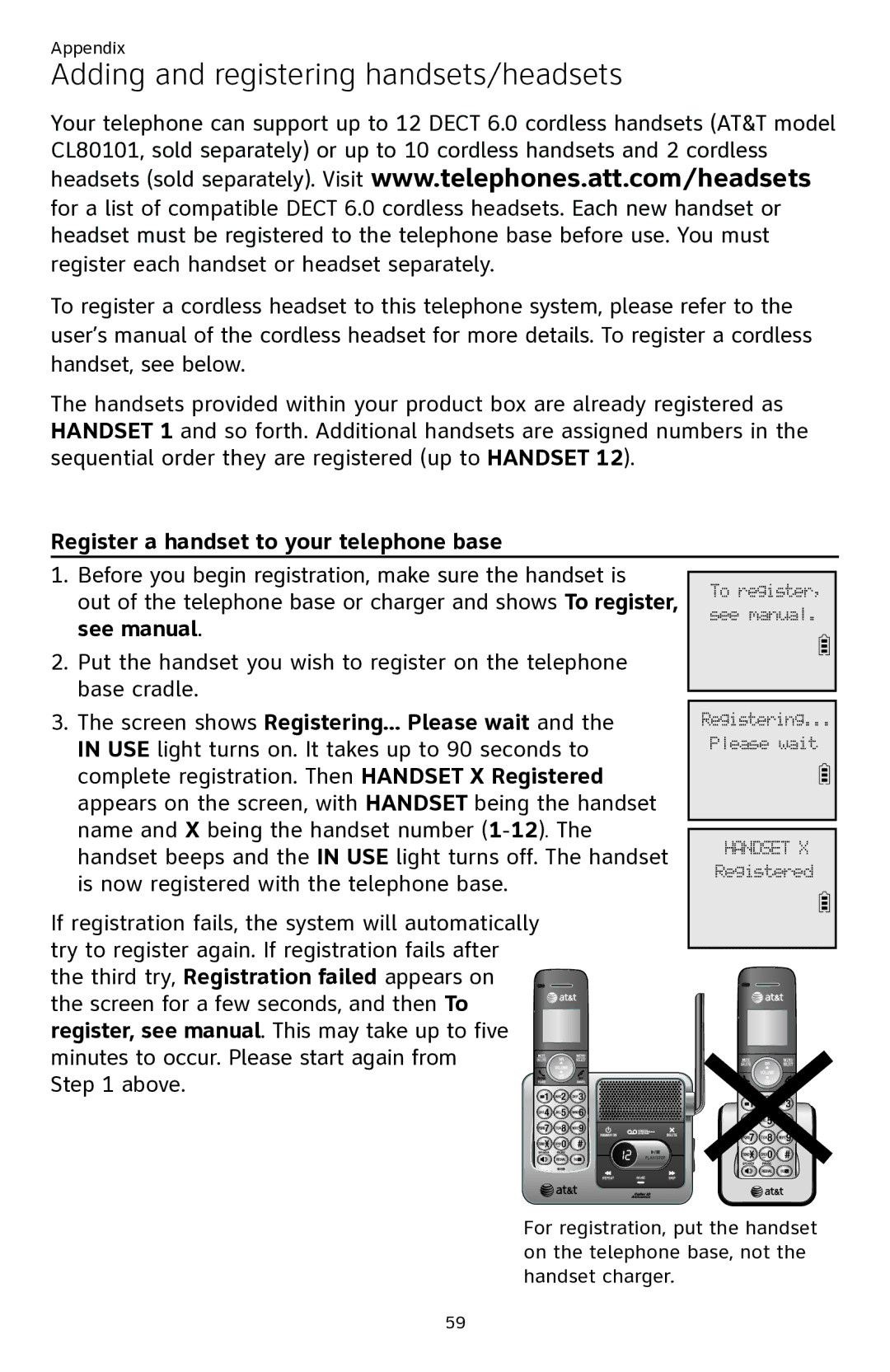 AT&T ATTCL82201 user manual Adding and registering handsets/headsets, Register a handset to your telephone base, See manual 