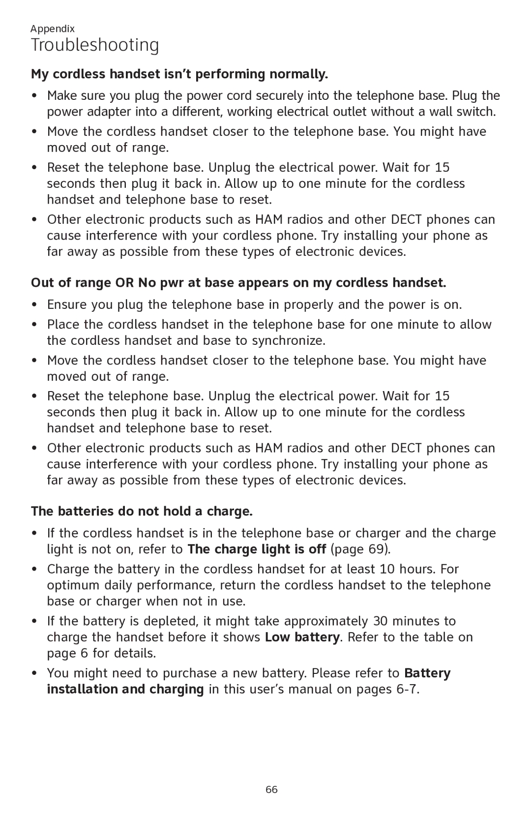 AT&T ATTCL82401, ATTCL82301, ATTCL82201 My cordless handset isn’t performing normally, Batteries do not hold a charge 