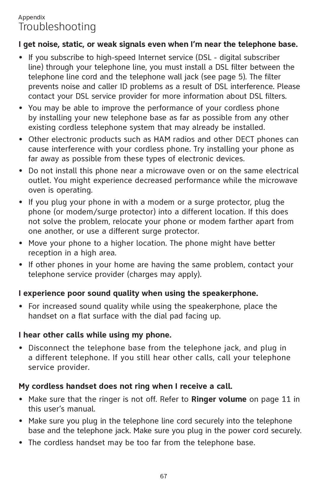 AT&T ATTCL82301 Experience poor sound quality when using the speakerphone, Hear other calls while using my phone 