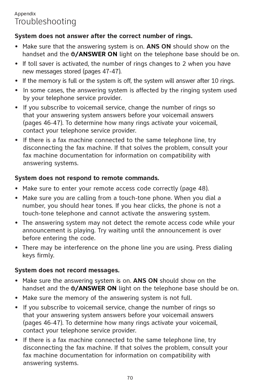 AT&T ATTCL82301 System does not answer after the correct number of rings, System does not respond to remote commands 