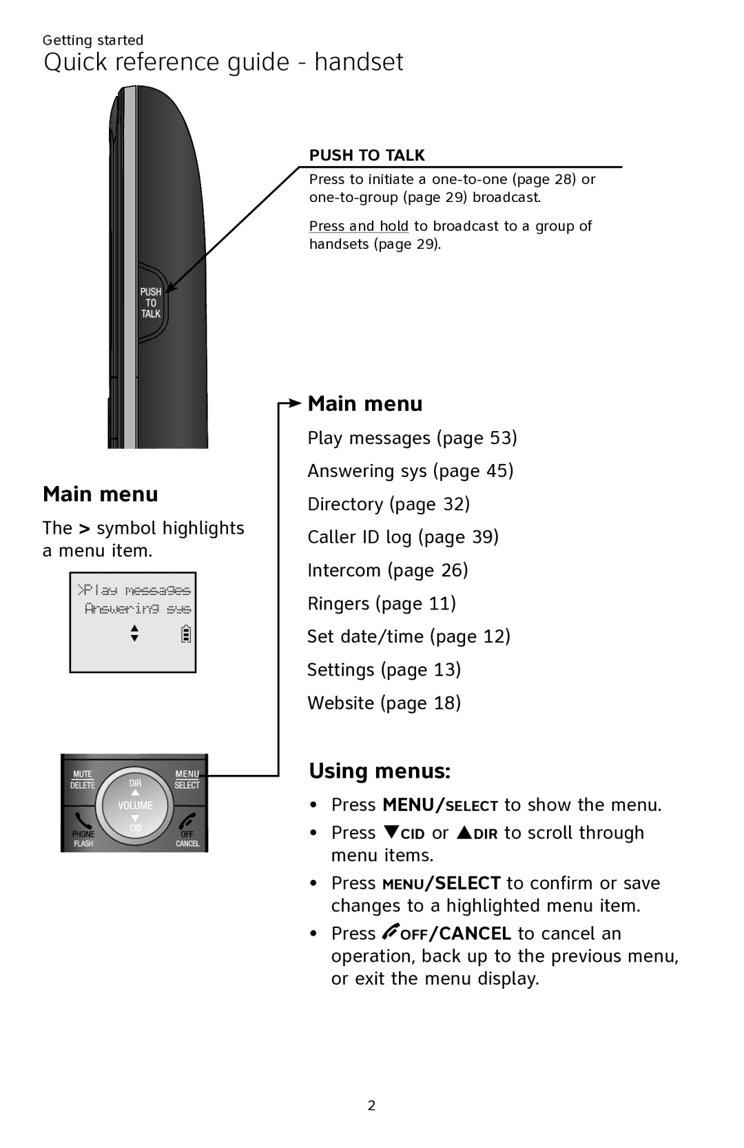 AT&T ATTCL82201, ATTCL82401, ATTCL82301 user manual Main menu 