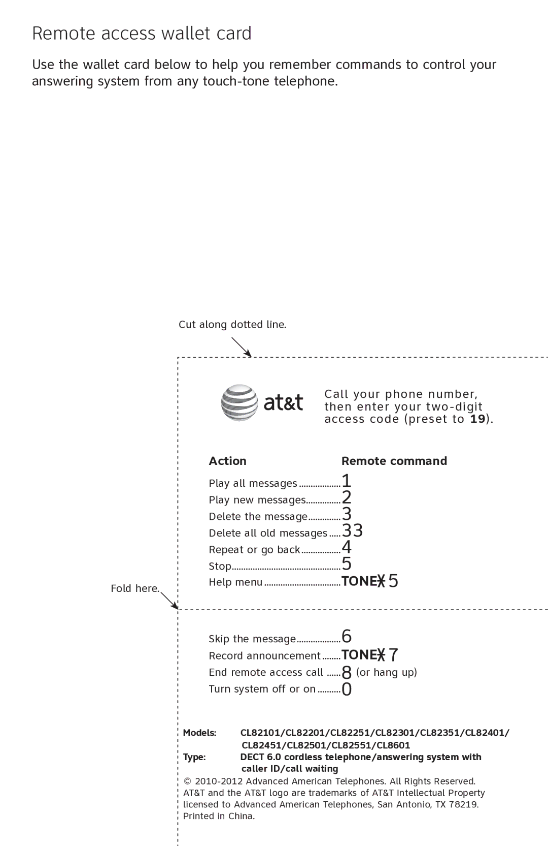 AT&T ATTCL82201, ATTCL82401, ATTCL82301 user manual Remote access wallet card, Action Remote command 