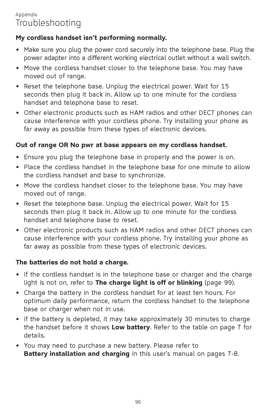 AT&T ATTCL83201 user manual My cordless handset isn’t performing normally, Batteries do not hold a charge 