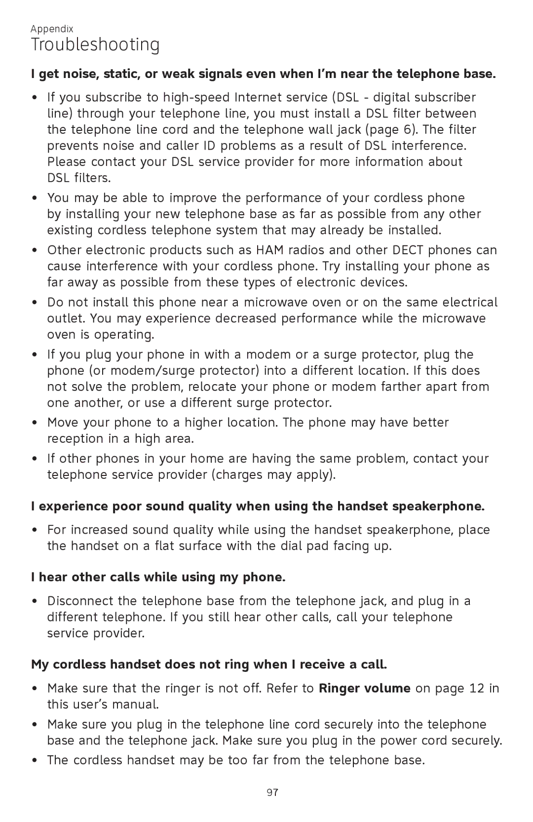 AT&T ATTCL83201 user manual Hear other calls while using my phone, My cordless handset does not ring when I receive a call 