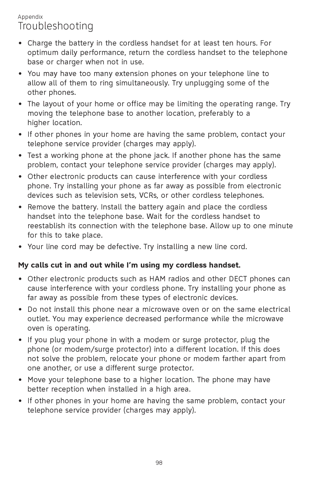 AT&T ATTCL83201 user manual My calls cut in and out while I’m using my cordless handset 