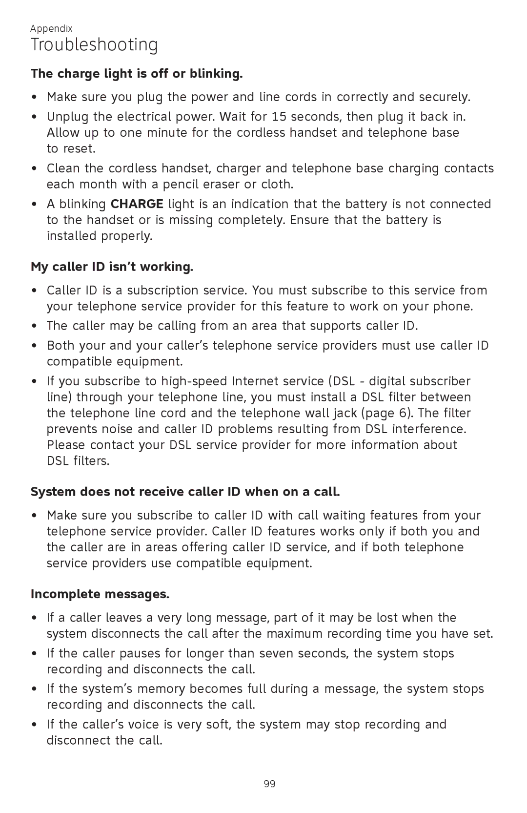 AT&T ATTCL83201 user manual Charge light is off or blinking, My caller ID isn’t working, Incomplete messages 