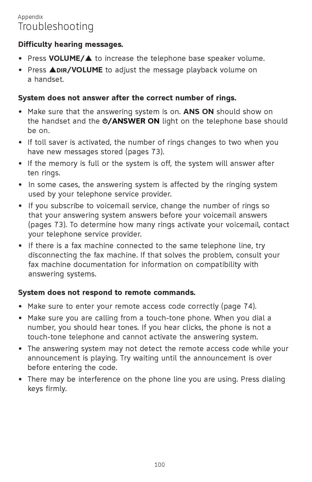 AT&T ATTCL83201 user manual Difficulty hearing messages, System does not answer after the correct number of rings 