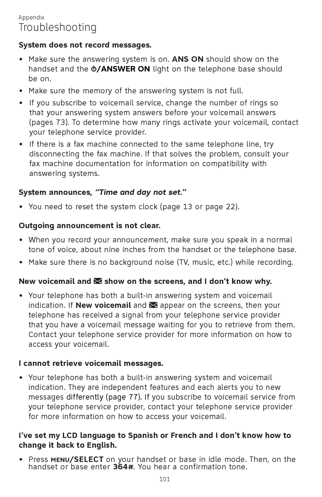 AT&T ATTCL83201 System does not record messages, Outgoing announcement is not clear, Cannot retrieve voicemail messages 