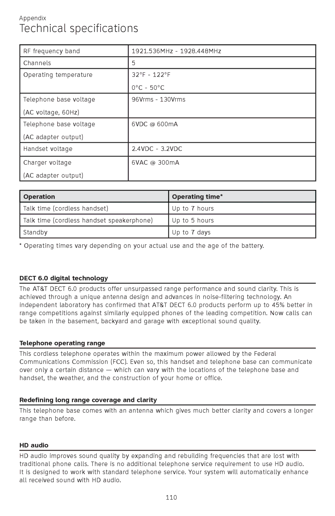 AT&T ATTCL83201 user manual Technical specifications, Operation Operating time 