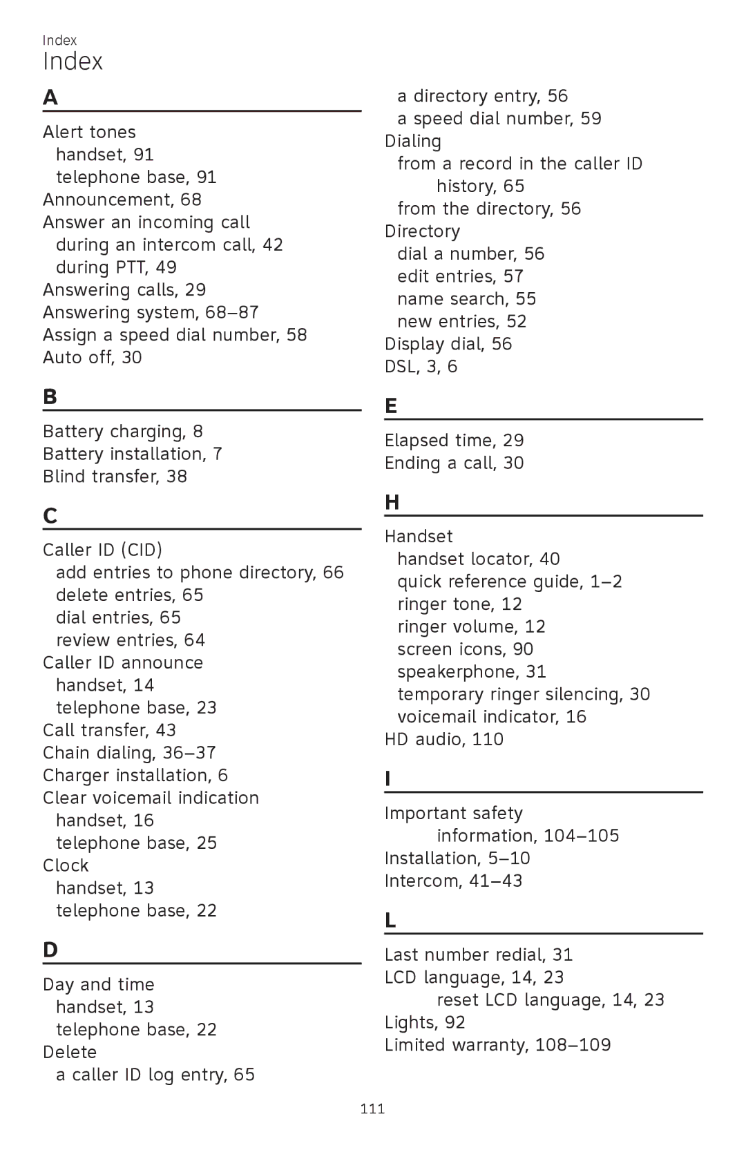 AT&T ATTCL83201 user manual Index 