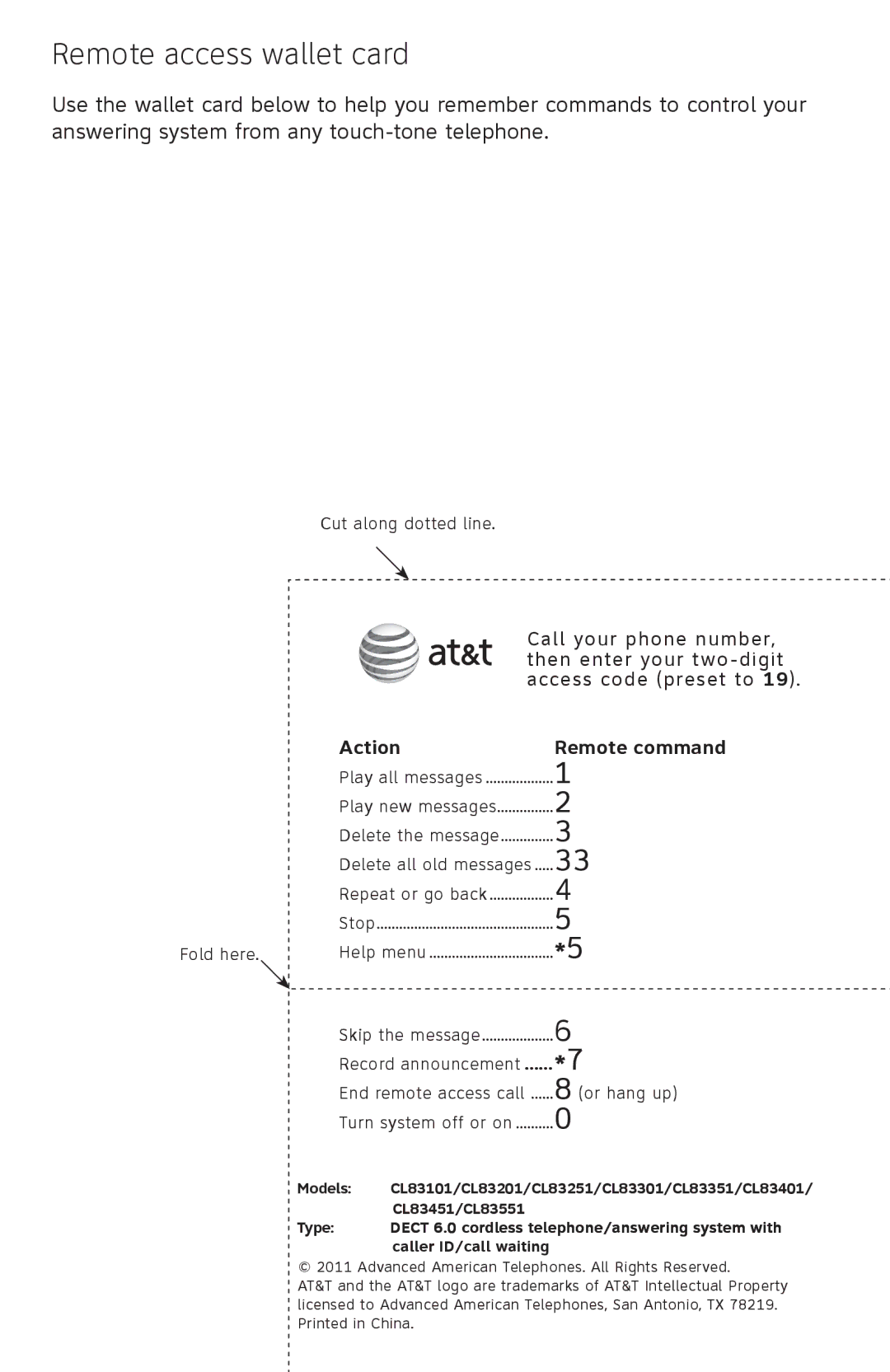 AT&T ATTCL83201 user manual Remote access wallet card, Action Remote command 