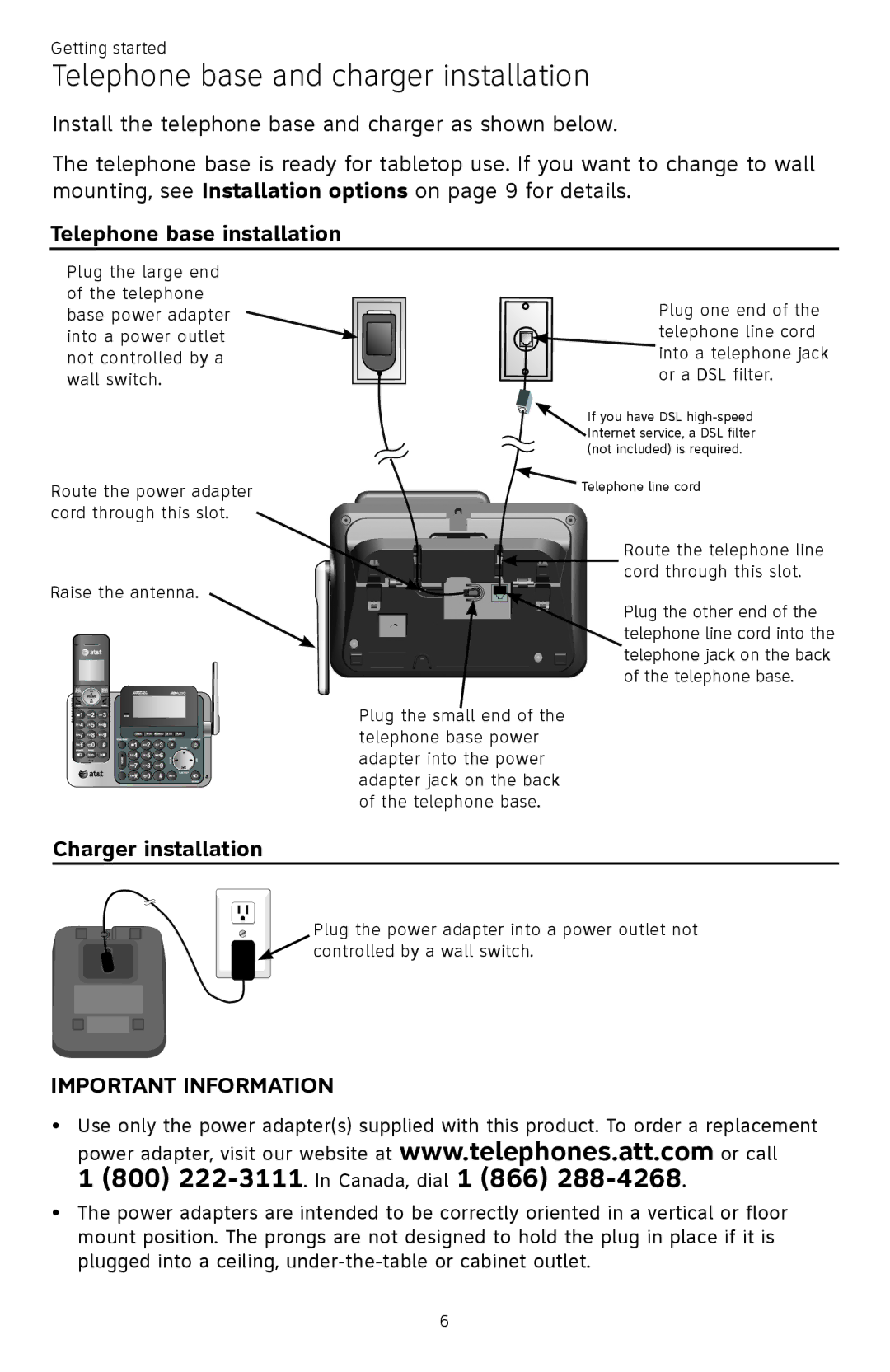 AT&T ATTCL83201 user manual Telephone base and charger installation, Telephone base installation, Charger installation 