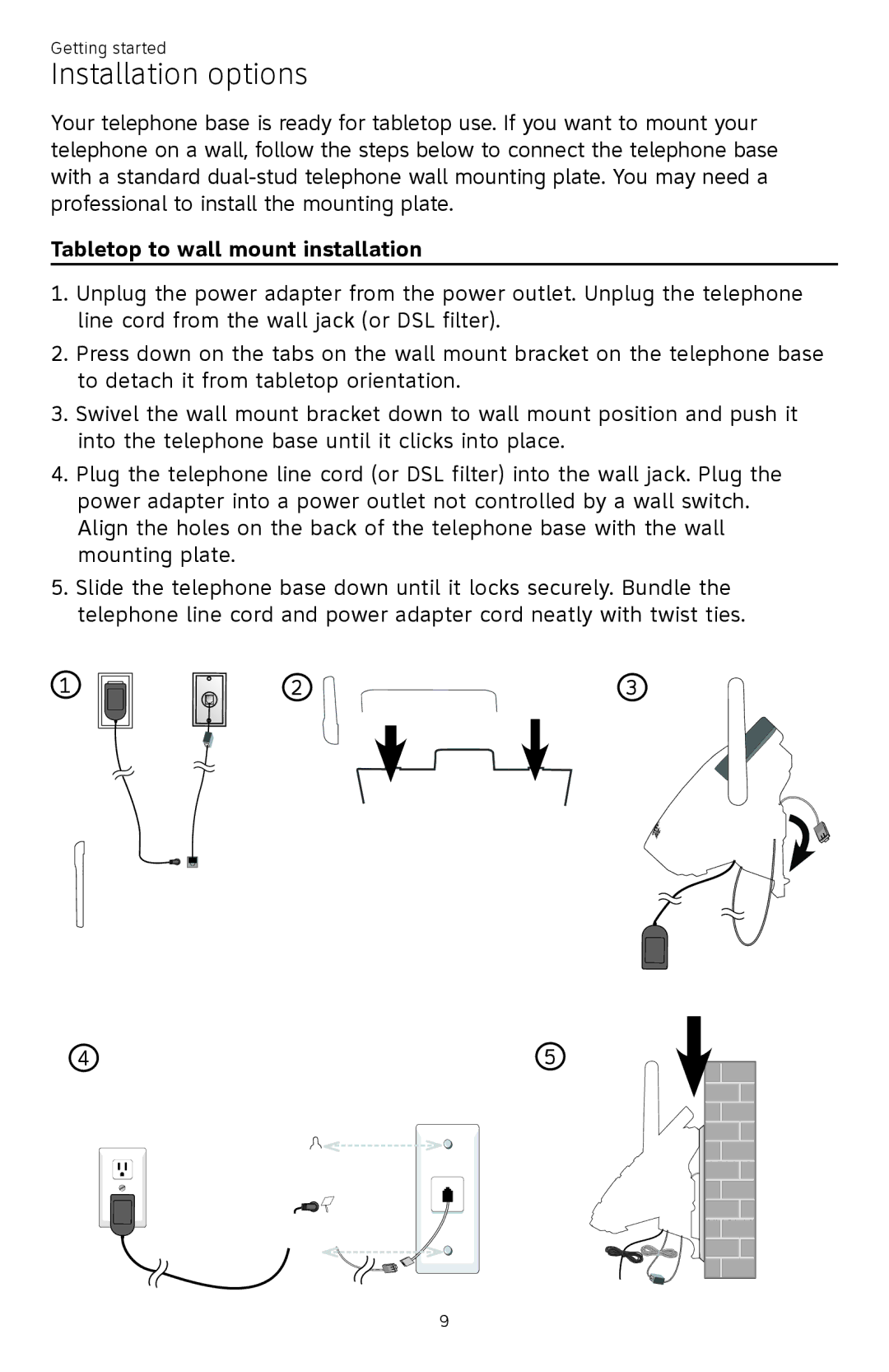 AT&T ATTCL83201 user manual Installation options, Tabletop to wall mount installation 