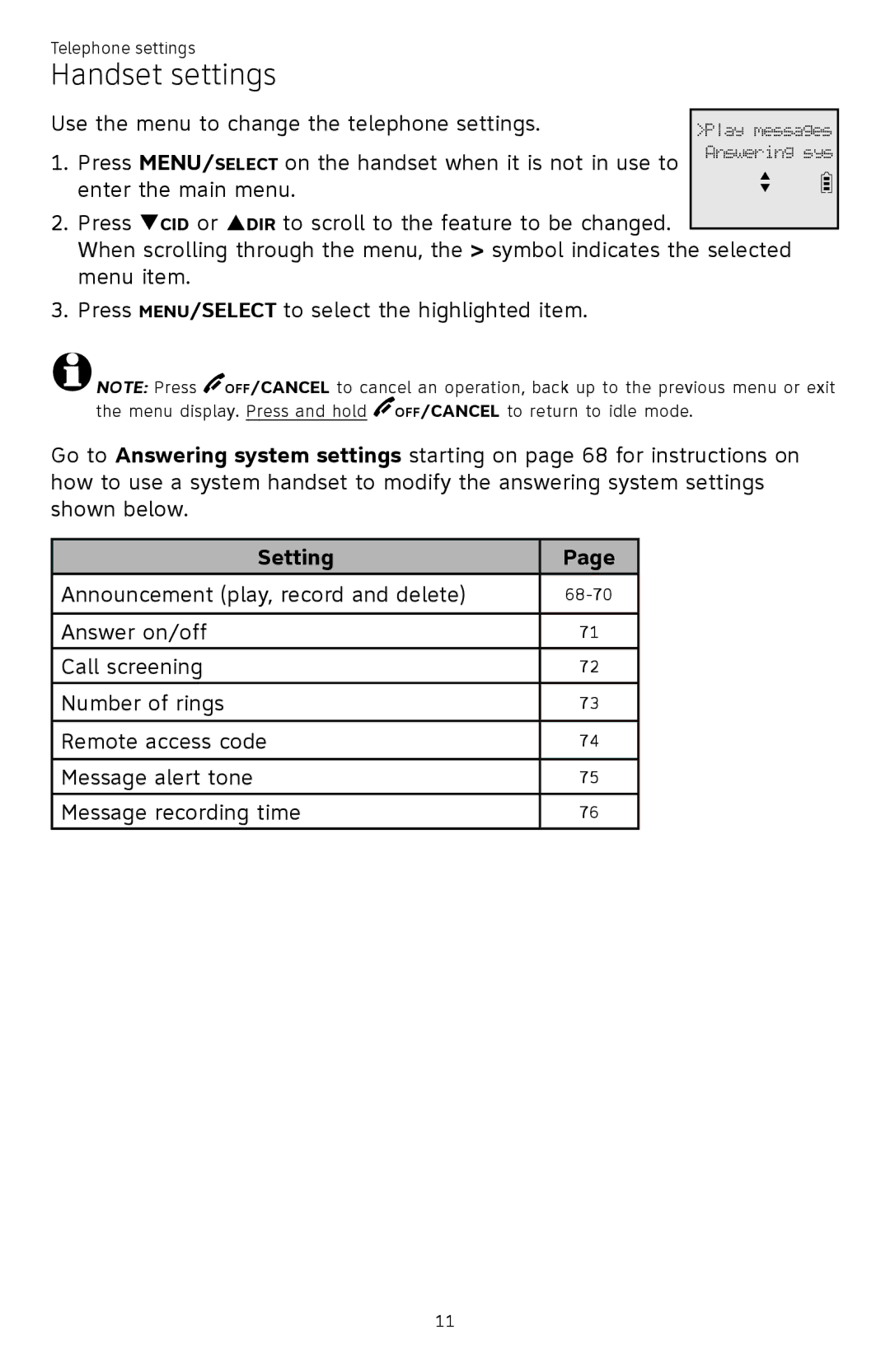 AT&T ATTCL83201 user manual Handset settings, Setting 