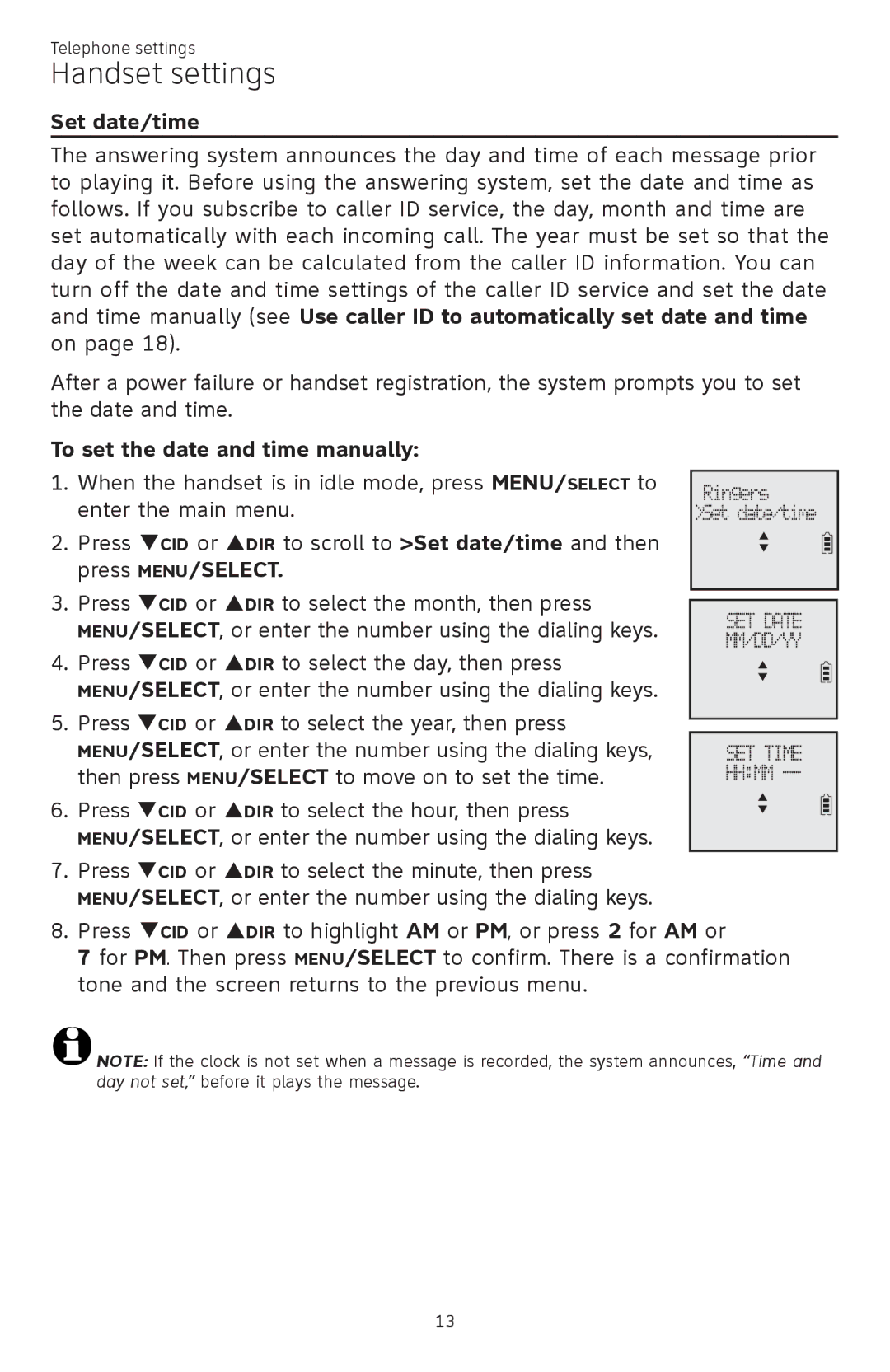 AT&T ATTCL83201 user manual Set date/time, To set the date and time manually 