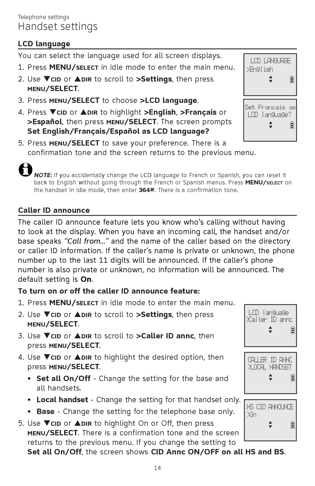 AT&T ATTCL83201 user manual Press MENU/SELECT to choose LCD language, Set English/Français/Español as LCD language? 