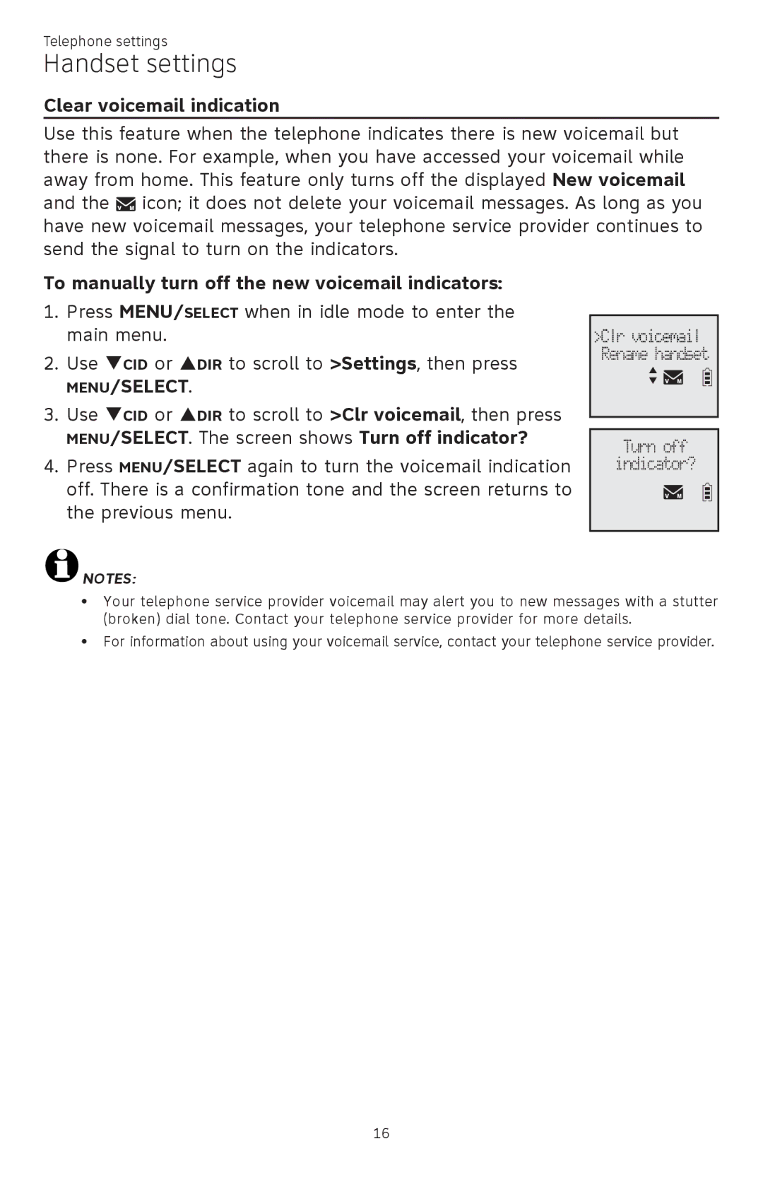 AT&T ATTCL83201 user manual Clear voicemail indication, To manually turn off the new voicemail indicators 