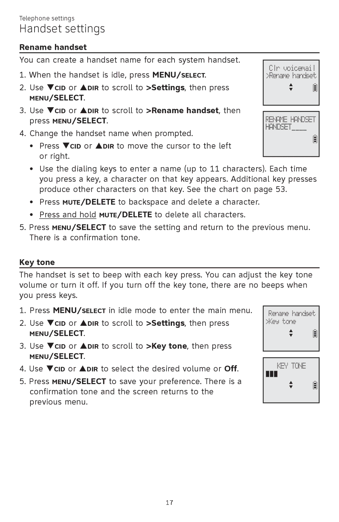 AT&T ATTCL83201 user manual Rename handset, Key tone 