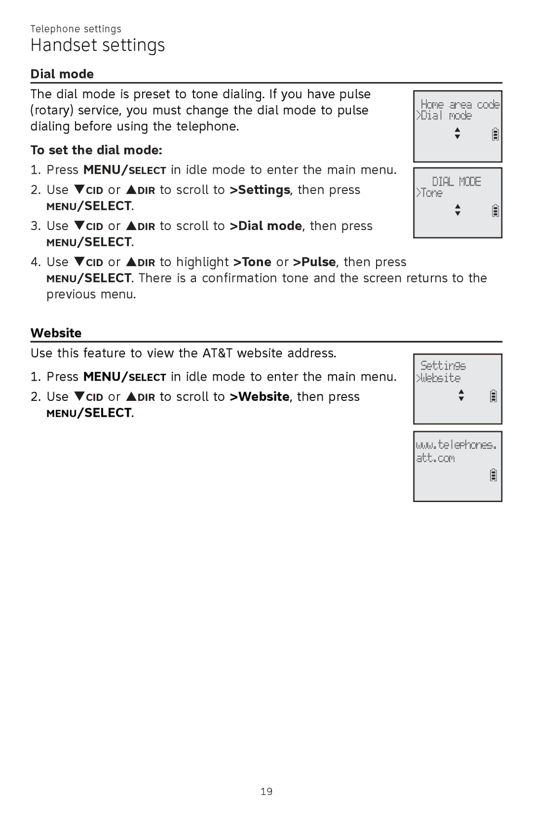 AT&T ATTCL83201 user manual Dial mode, To set the dial mode, Website 