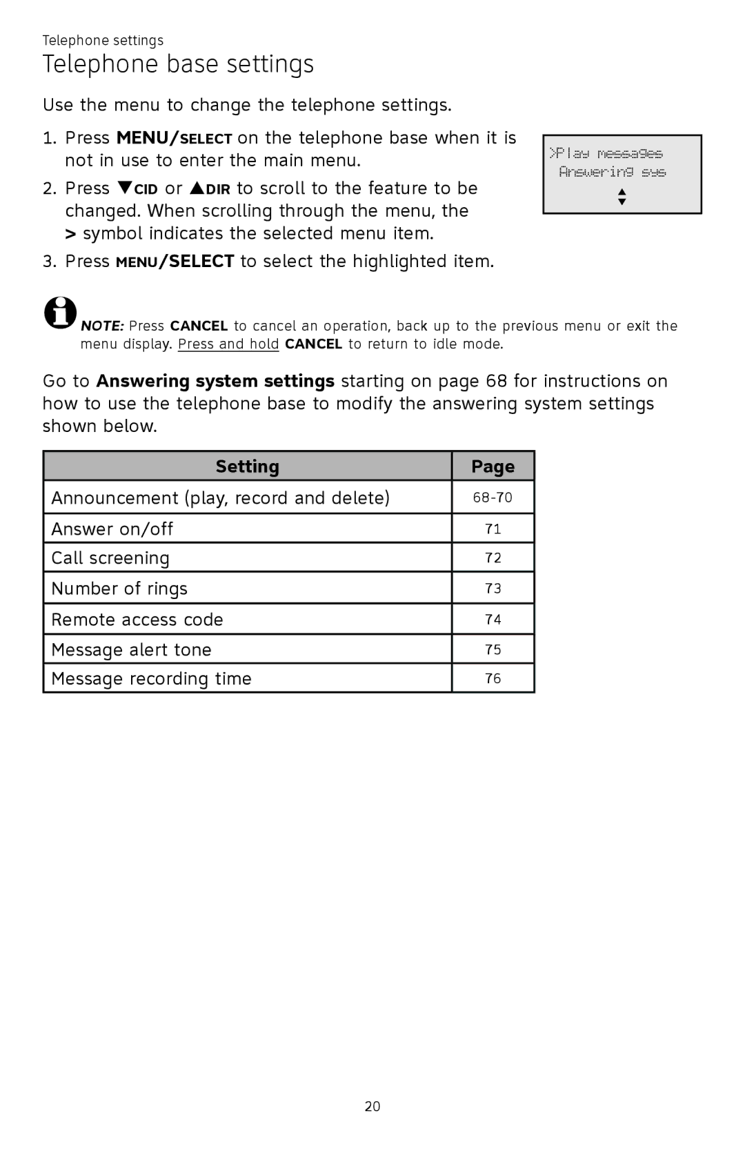 AT&T ATTCL83201 user manual Telephone base settings, Setting 