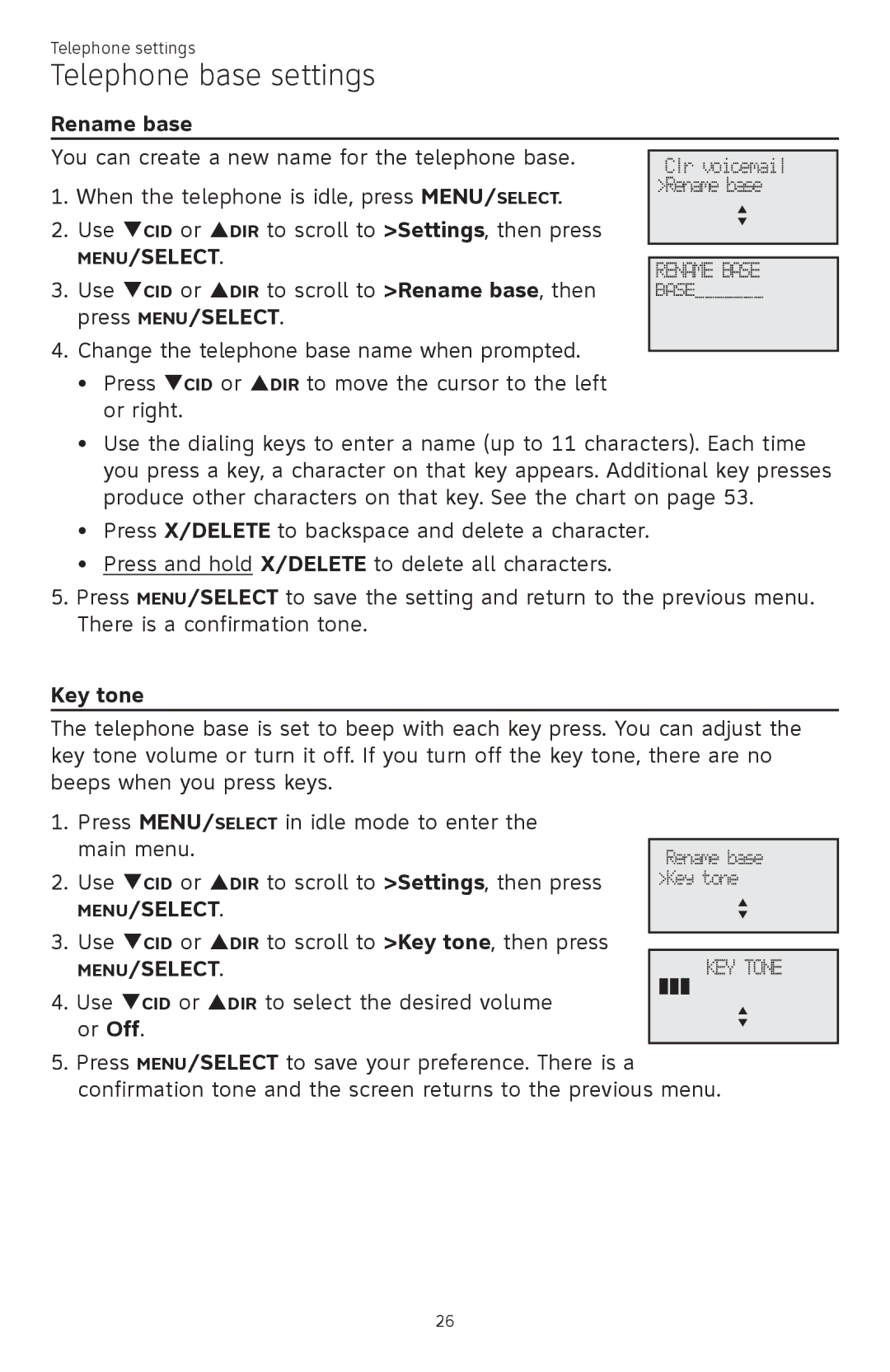 AT&T ATTCL83201 user manual Rename base, Key tone 