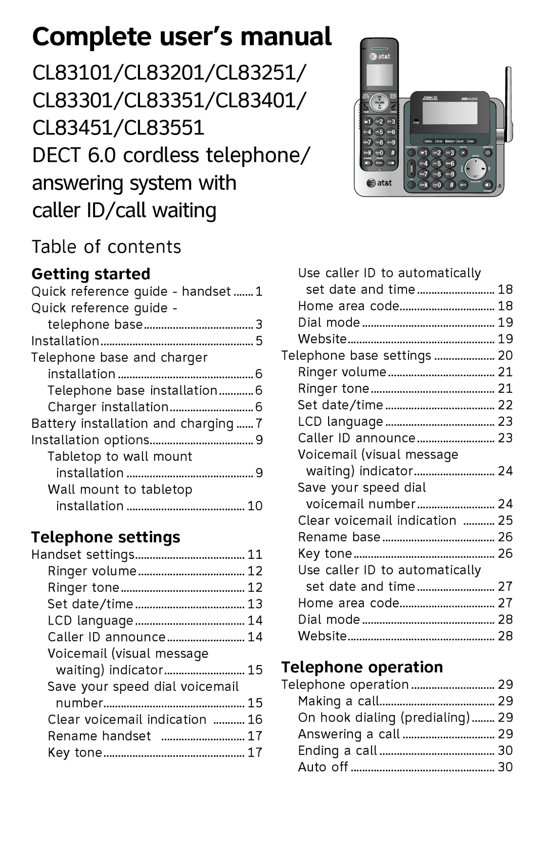 AT&T ATTCL83201 user manual Table of contents 