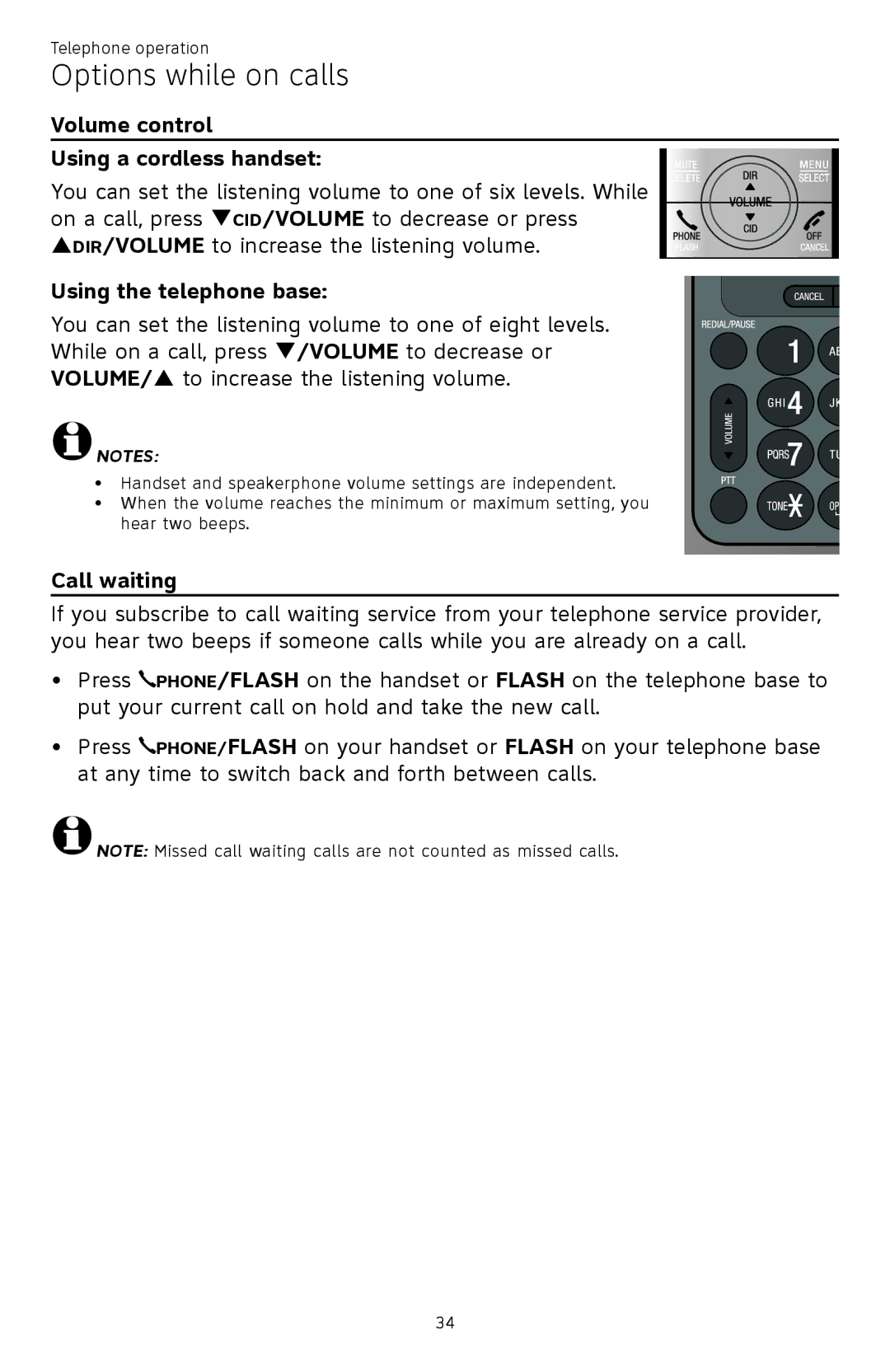 AT&T ATTCL83201 user manual Options while on calls, Volume control Using a cordless handset, Call waiting 