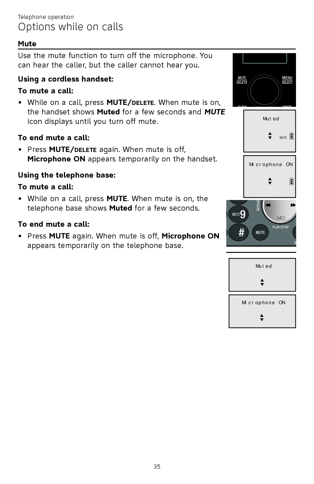 AT&T ATTCL83201 Mute, Using a cordless handset To mute a call, To end mute a call, Using the telephone base To mute a call 