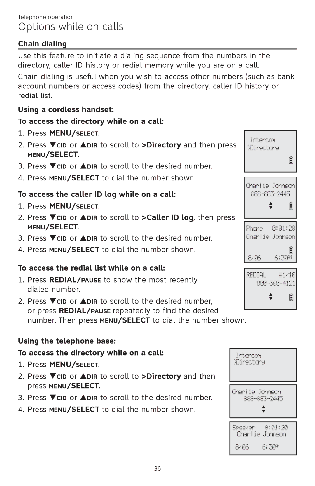 AT&T ATTCL83201 Chain dialing, To access the caller ID log while on a call, To access the redial list while on a call 