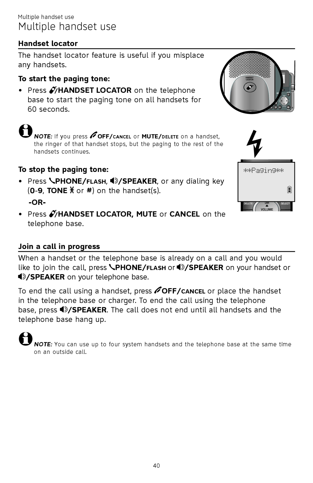 AT&T ATTCL83201 user manual Multiple handset use, Handset locator, To start the paging tone, To stop the paging tone 