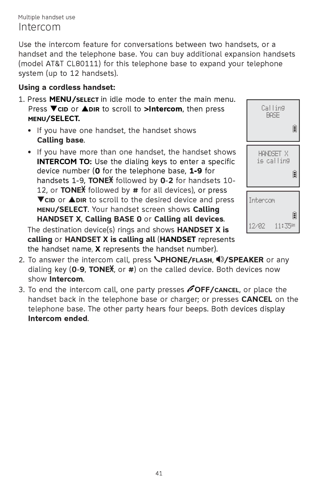 AT&T ATTCL83201 user manual Intercom, Using a cordless handset 