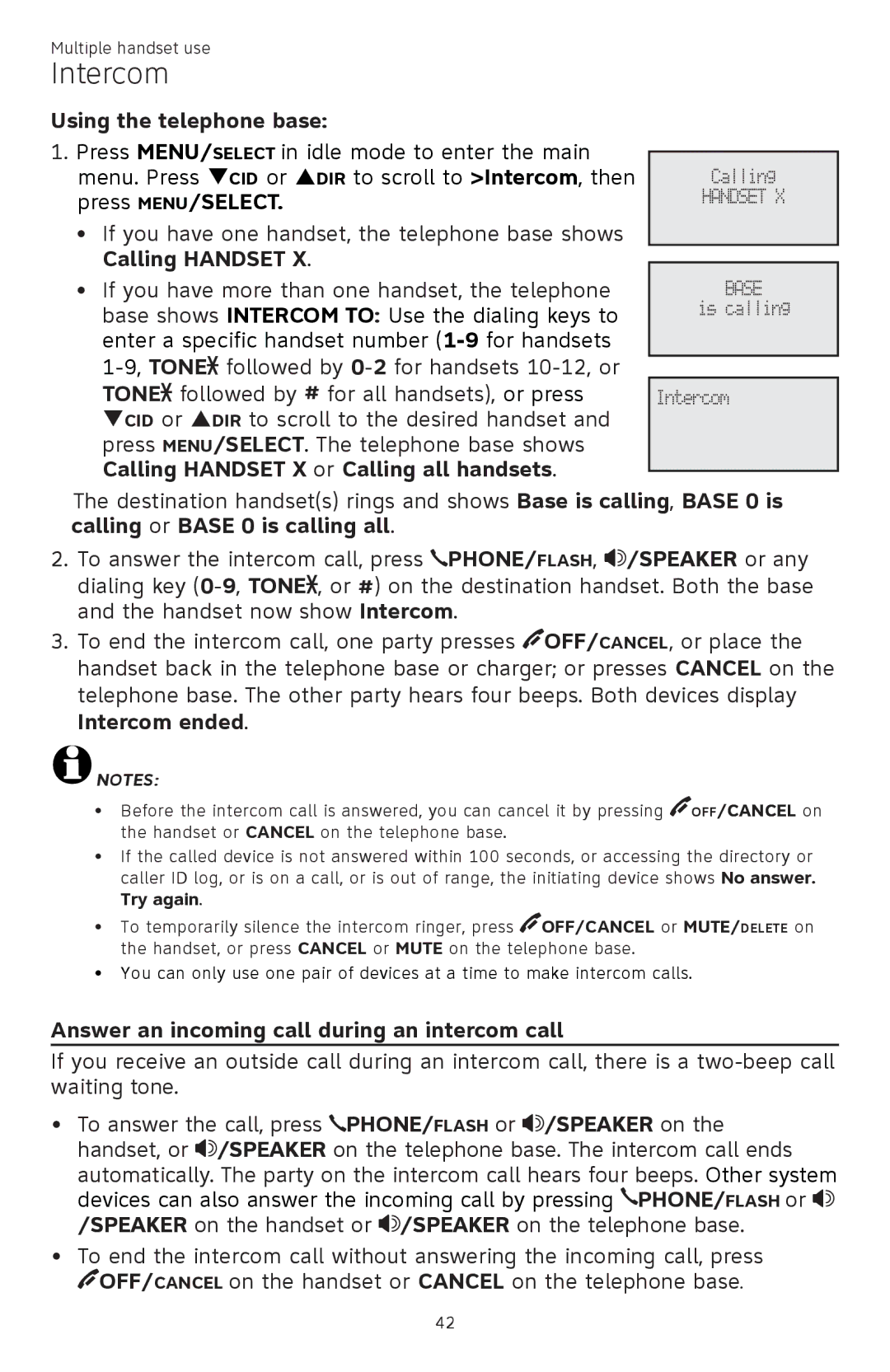 AT&T ATTCL83201 Press MENU/SELECT, Calling Handset X or Calling all handsets, Calling or Base 0 is calling all 