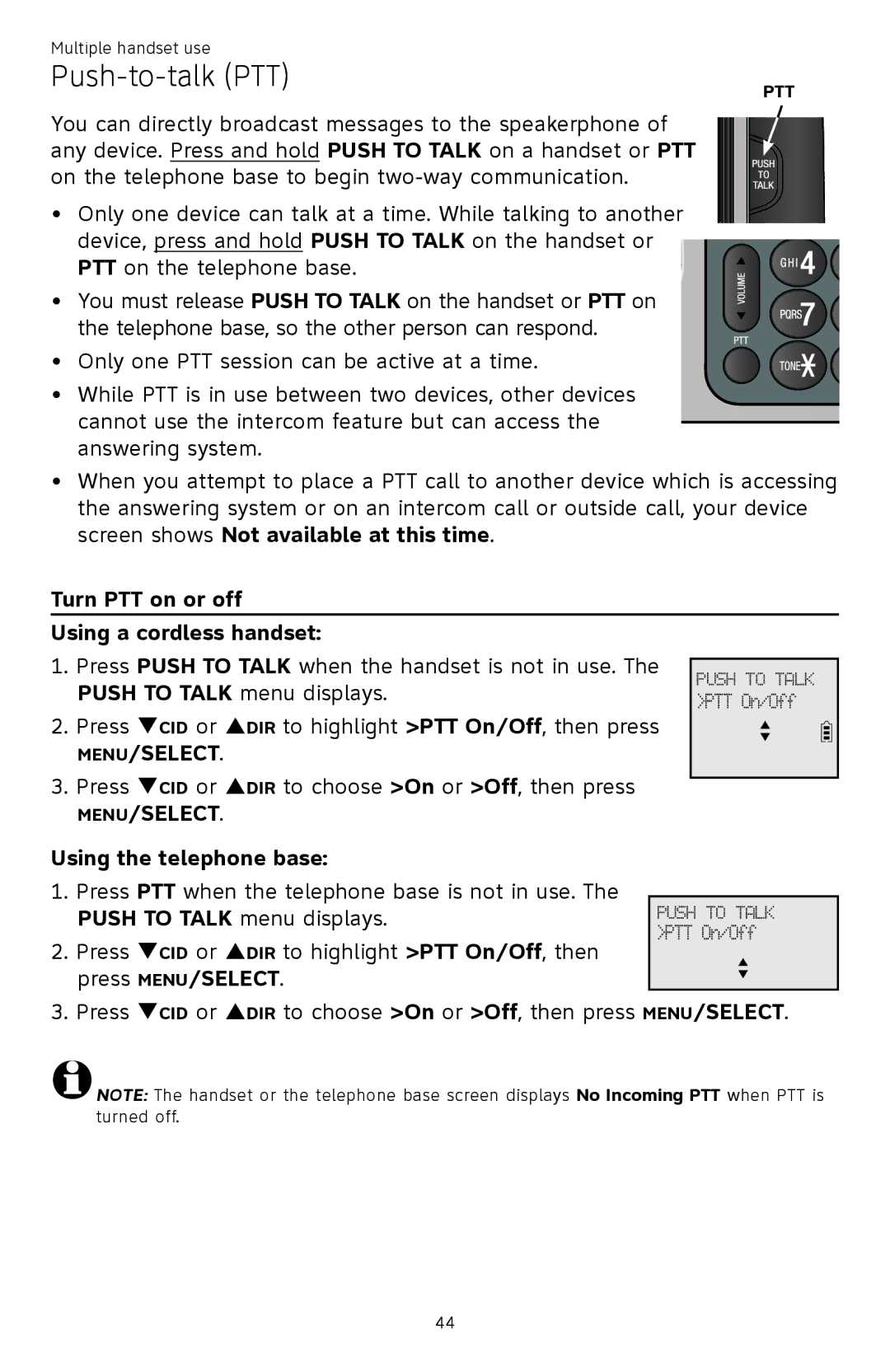 AT&T ATTCL83201 user manual Push-to-talk PTT, Turn PTT on or off Using a cordless handset 