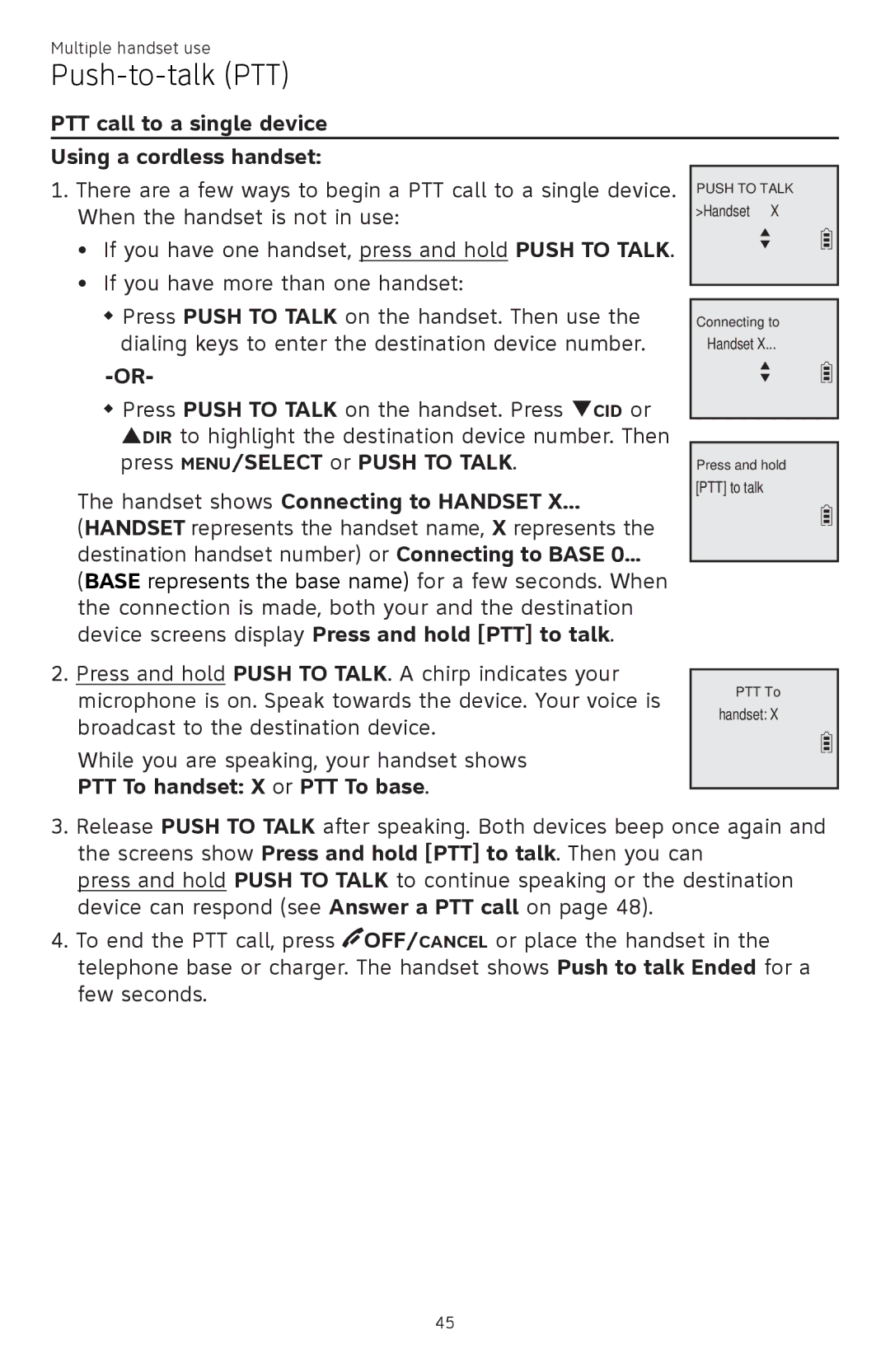 AT&T ATTCL83201 user manual PTT call to a single device Using a cordless handset, Handset shows Connecting to Handset 