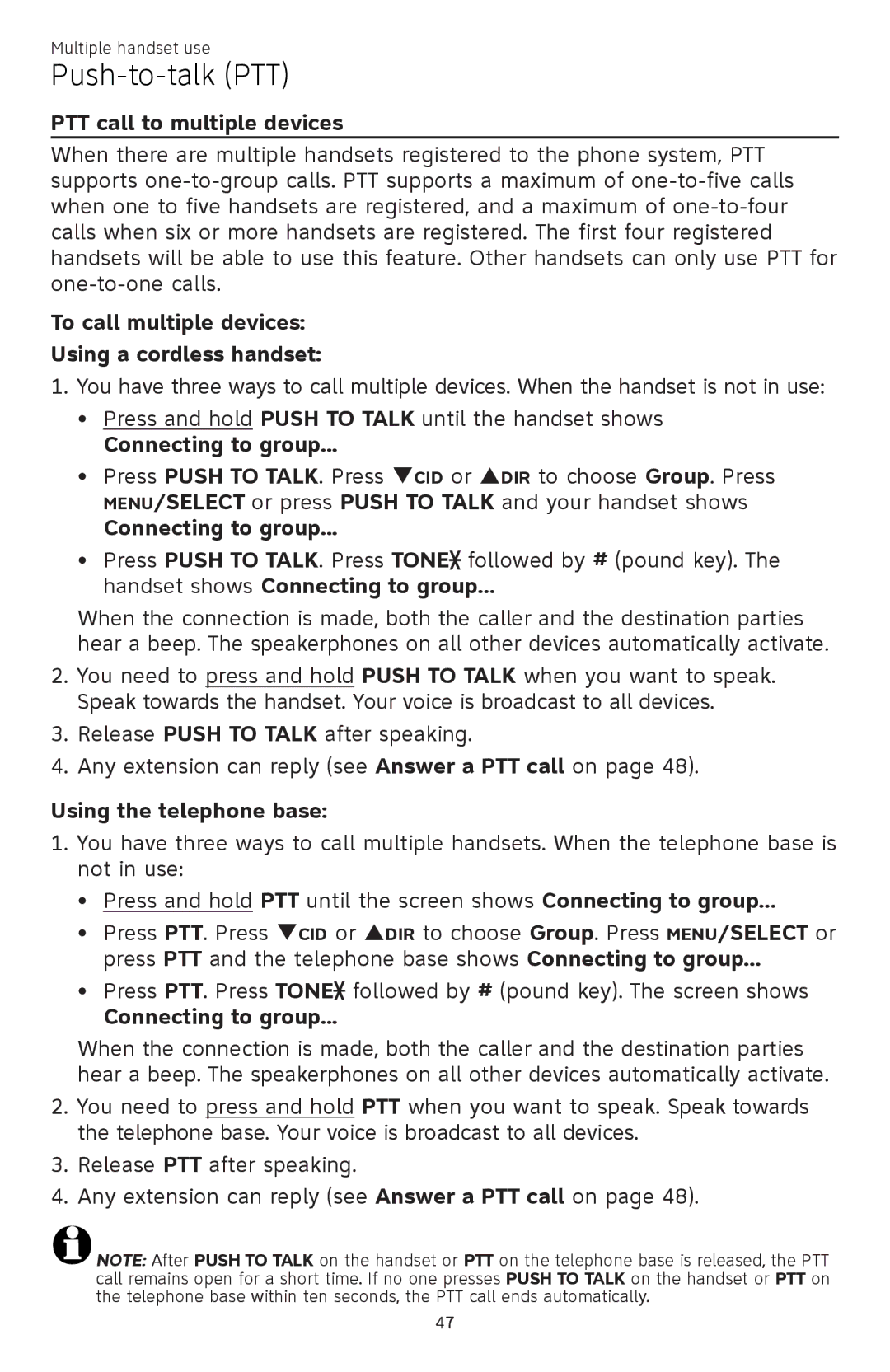 AT&T ATTCL83201 PTT call to multiple devices, To call multiple devices Using a cordless handset, Connecting to group 