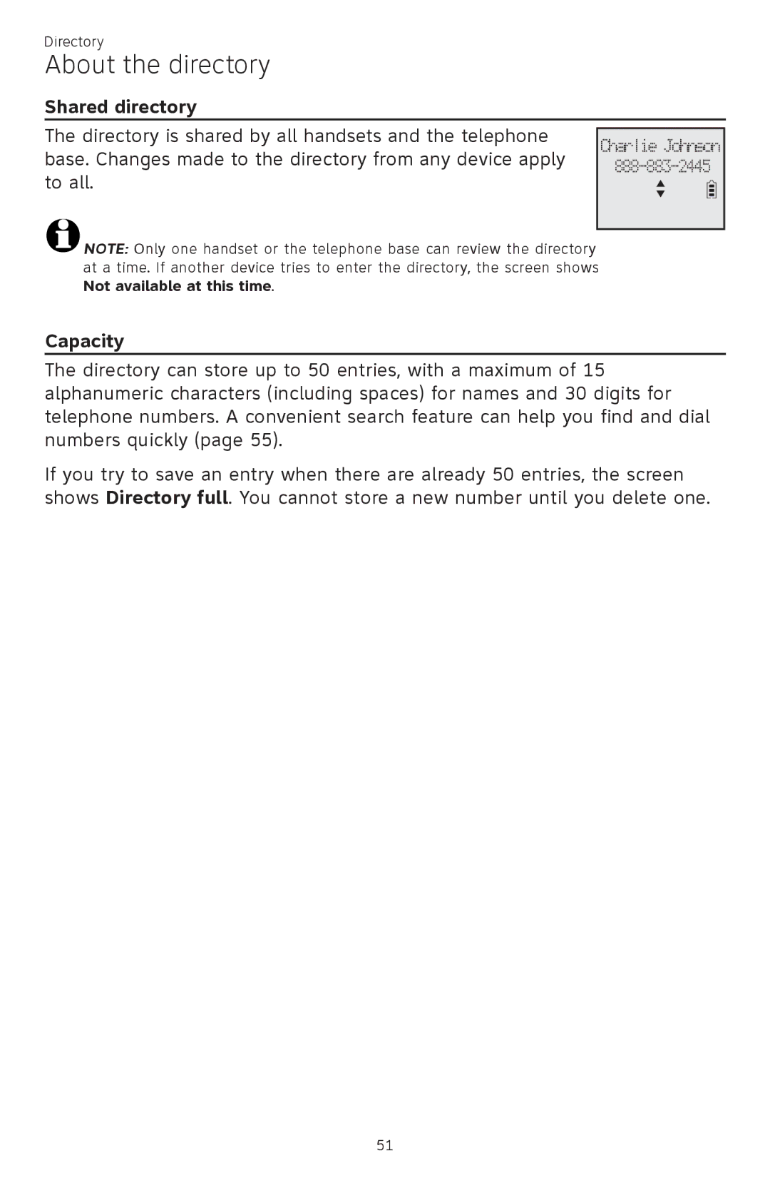 AT&T ATTCL83201 user manual About the directory, Shared directory, Capacity 