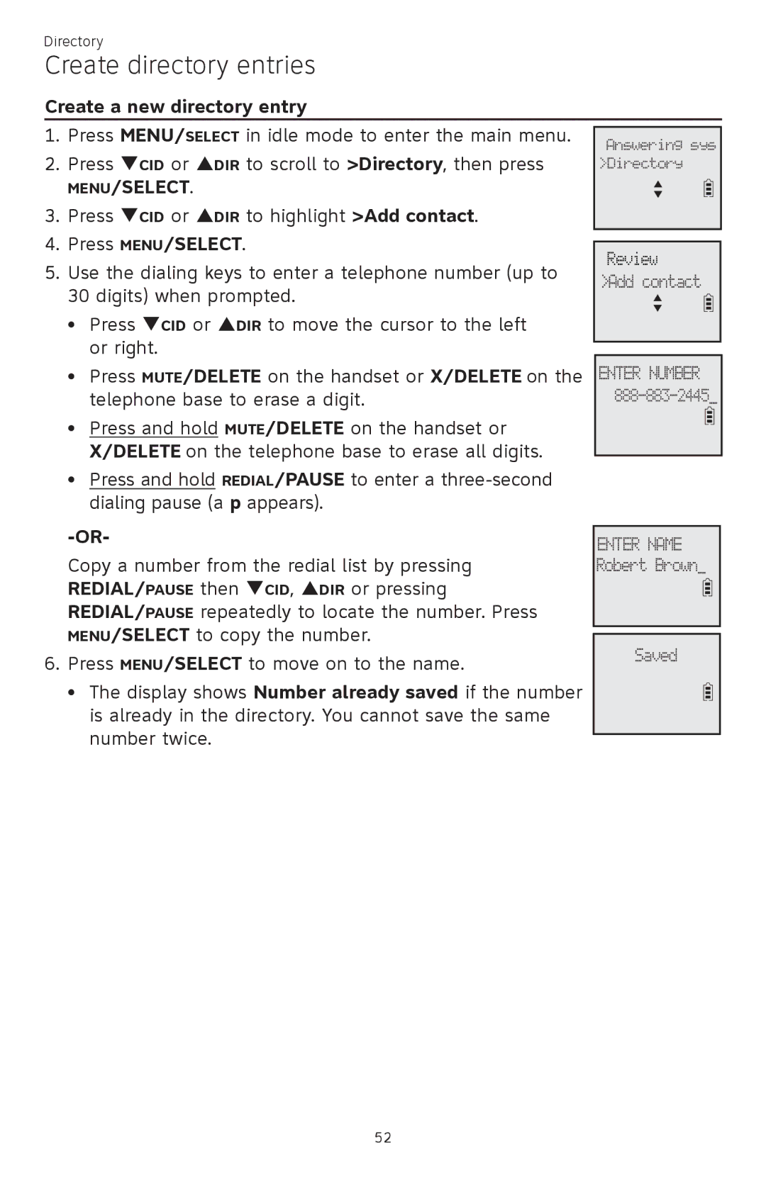 AT&T ATTCL83201 user manual Create directory entries, Create a new directory entry 